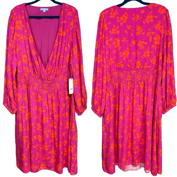 NEW! Draper James RSVP Hot Pink Orange Floral Wrap Top Fit Flare Dress 2X - Picture 3 of 16